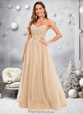 Moira Ball-Gown/Princess V-Neck Floor-Length Tulle Prom Dresses With Sequins Appliques Lace STKP0025837