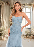 Sydnee Trumpet/Mermaid Straight Sweep Train Tulle Prom Dresses With Flower STKP0025866