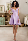 Ellie A-line Off the Shoulder Short/Mini Satin Homecoming Dress With Bow STKP0020568