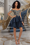 Ruby A-line Off the Shoulder Short/Mini Satin Homecoming Dress STKP0020562