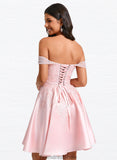 Bailey A-line Off the Shoulder Short Satin Homecoming Dress With Rhinestone Beading Appliques Lace STKP0025679