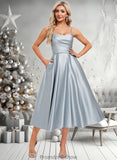 Cassie A-line V-Neck Tea-Length Satin Bridesmaid Dress STKP0025794