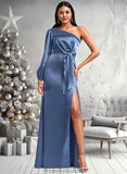 Adeline A-line One Shoulder Floor-Length Stretch Satin Bridesmaid Dress With Bow STKP0025730