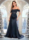 Adalyn Trumpet/Mermaid Off the Shoulder Sweep Train Satin Prom Dresses With Sequins Appliques Lace STKP0025835