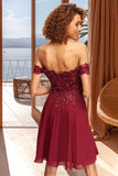 Abigayle A-line Off the Shoulder Short/Mini Chiffon Lace Homecoming Dress With Sequins STKP0020528