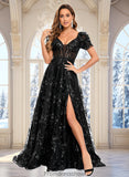 Erica A-line V-Neck Sweep Train Floral Lace Prom Dresses With Sequins STKP0025869