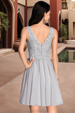 Arianna A-line V-Neck Short/Mini Chiffon Lace Homecoming Dress With Sequins STKP0020557