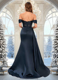 Adalyn Trumpet/Mermaid Off the Shoulder Sweep Train Satin Prom Dresses With Sequins Appliques Lace STKP0025835