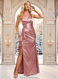 Gina A-line One Shoulder Floor-Length Stretch Satin Bridesmaid Dress With Ruffle STKP0025768