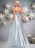 Yaritza A-line V-Neck Floor-Length Stretch Satin Bridesmaid Dress STKP0025795