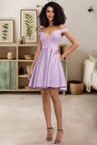 Ellie A-line Off the Shoulder Short/Mini Satin Homecoming Dress With Bow STKP0020568