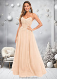 Moira Ball-Gown/Princess V-Neck Floor-Length Tulle Prom Dresses With Sequins Appliques Lace STKP0025837