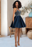 Kaylen A-line V-Neck Short/Mini Satin Homecoming Dress With Beading Sequins STKP0020566