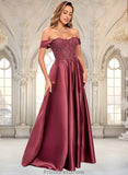 Haleigh A-line Off the Shoulder Floor-Length Satin Lace Prom Dresses With Sequins STKP0025841