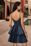 Nova A-line V-Neck Short/Mini Lace Satin Homecoming Dress STKP0020504