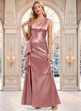 Gina A-line One Shoulder Floor-Length Stretch Satin Bridesmaid Dress With Ruffle STKP0025768