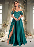 Abbie A-line Off the Shoulder Floor-Length Satin Prom Dresses With Pleated STKP0025851