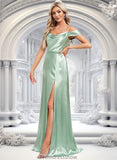 Pat A-line Cowl Cold Shoulder Floor-Length Stretch Satin Bridesmaid Dress With Bow Ruffle STKP0025807