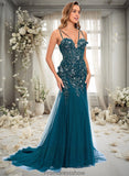 Alivia Trumpet/Mermaid V-Neck Sweep Train Tulle Prom Dresses With Sequins Appliques Lace STKP0025853