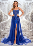 Valentina Trumpet/Mermaid Straight Sweep Train Tulle Sequin Prom Dresses With Sequins Appliques Lace STKP0025857