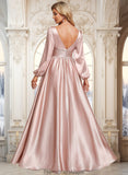 Monique A-line V-Neck Floor-Length Stretch Satin Prom Dresses STKP0025880