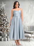 Cassie A-line V-Neck Tea-Length Satin Bridesmaid Dress STKP0025794