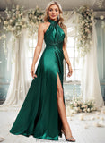 Madalyn A-line Halter Floor-Length Stretch Satin Bridesmaid Dress With Ruffle STKP0025817