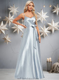 Yaritza A-line V-Neck Floor-Length Stretch Satin Bridesmaid Dress STKP0025795