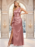 Gina A-line One Shoulder Floor-Length Stretch Satin Bridesmaid Dress With Ruffle STKP0025768