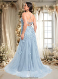 Sydnee Trumpet/Mermaid Straight Sweep Train Tulle Prom Dresses With Flower STKP0025866