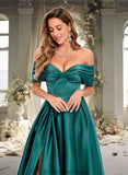 Abbie A-line Off the Shoulder Floor-Length Satin Prom Dresses With Pleated STKP0025851