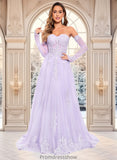 Karsyn A-line Sweetheart Sweep Train Tulle Prom Dresses With Sequins Appliques Lace STKP0025856