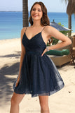 Ella A-line V-Neck Short/Mini Tulle Homecoming Dress With Pleated STKP0020471