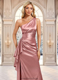 Gina A-line One Shoulder Floor-Length Stretch Satin Bridesmaid Dress With Ruffle STKP0025768