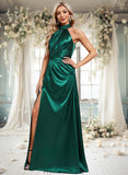 Madalyn A-line Halter Floor-Length Stretch Satin Bridesmaid Dress With Ruffle STKP0025817