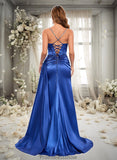 Frederica Trumpet/Mermaid Straight Sweep Train Stretch Satin Prom Dresses With Rhinestone STKP0025861