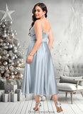 Cassie A-line V-Neck Tea-Length Satin Bridesmaid Dress STKP0025794