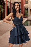 Nova A-line V-Neck Short/Mini Lace Satin Homecoming Dress STKP0020504