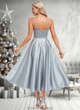 Cassie A-line V-Neck Tea-Length Satin Bridesmaid Dress STKP0025794