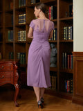 Yoselin Sheath/Column Chiffon Applique Scoop Short Sleeves Tea-Length Mother of the Bride Dresses STKP0020317