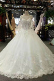 2024 Luxury Wedding Dresses A-Line Floor Length Long Sleeves Lace Up Back Tulle With Applique P3M6AR84