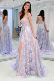 Charming Sweetheart Strapless Lace Appliques Lilac Prom Dresses with STK15632