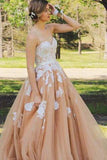 Elegant Sweetheart Floor Length Lace Top Champagne Prom Dresses