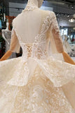 2024 Luxury Wedding Dresses High Neck A-Line Lace Half Sleeves Open Back PQB1S7T4