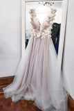 A-line V-neck Long Prom Dresses With Appliques Tulle Long Evening Dresses