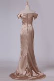 2024 Off The Shoulder Elastic Satin With Slit And Ruffles Sheath Evening P2FTJ4Z4