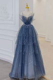 A Line Spaghetti Straps Evening Party Dresses Blue Tulle Long Prom Dresses