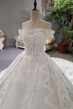 2024 Luxurious Satin Wedding Dresses Lace Up Boat Neck With Appliques P7D39LKX