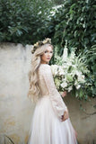 Princess Long Sleeve Lace Top Beach Wedding Dresses With Slit Tulle Ivory Wedding Gowns STK15299