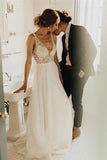 Elegant A Line Tulle Ivory V Neck Wedding Dresses With Pearls, V Back Beach Bridal Dresses STK15153